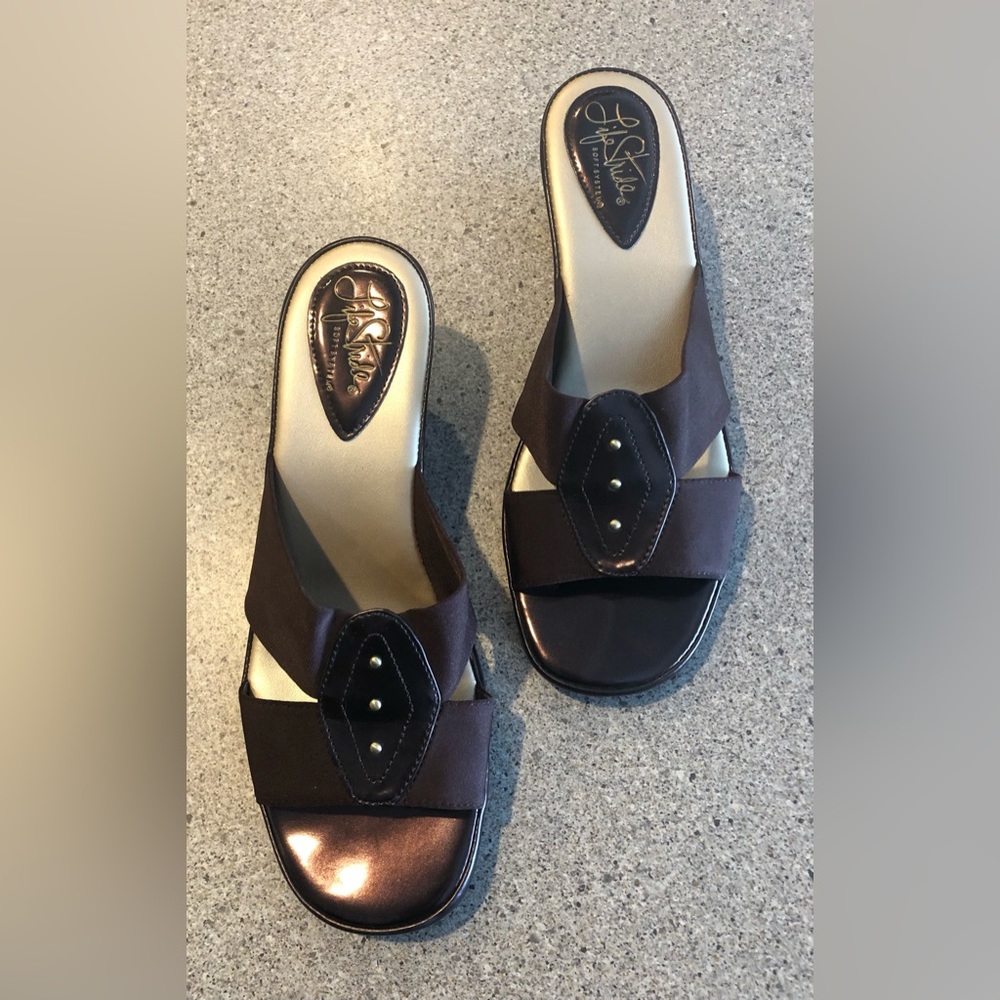 Life Stride Soft Systems Sandal - Chocolate Brown with tiny gold accents.